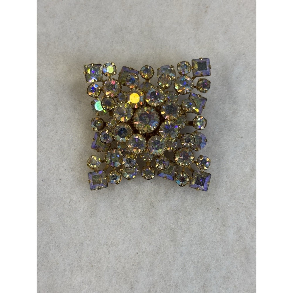 Vintage Square Iridescent Rhinestone Gold Tone Brooch Event Glam NYE Bling Retro